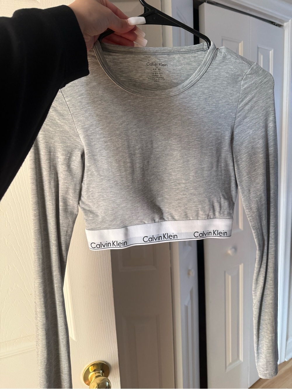 Calvin Klein Grey Long-Sleeve Crop Top with Logo Band